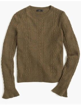 J. Crew Olive Green Cable Knit Sweater with Ruffle Sleeves Wool Blend